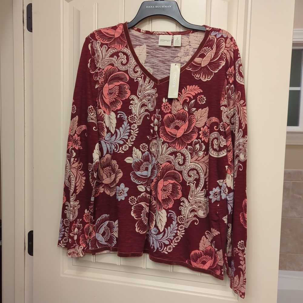 Zenergy By Chico's Burgundy and Pink Floral V-Neck Blouse